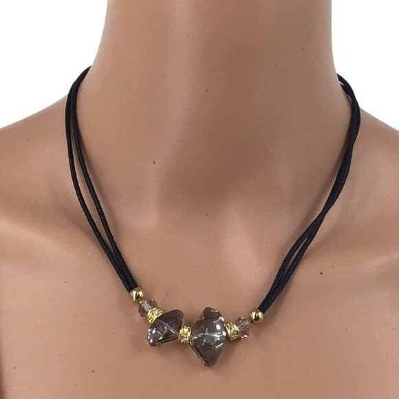 Avante Garde AB Beaded Necklace Adjustable Length Black Gold Tone - Picture 1 of 2